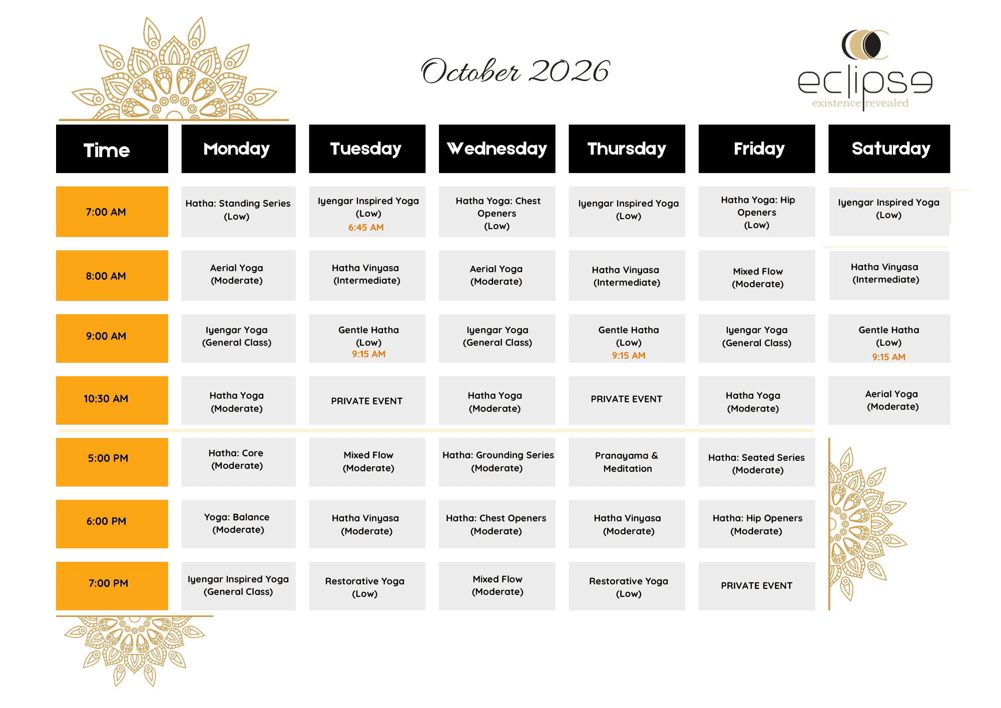 October Schedule
